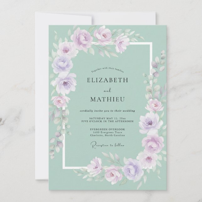 Invitation Mariage Romantique Couronne Florale Menthe (Devant)