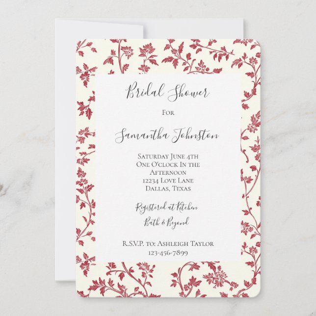 Invitation Mariage Romantique Crème Feuilles Rouges (Devant)