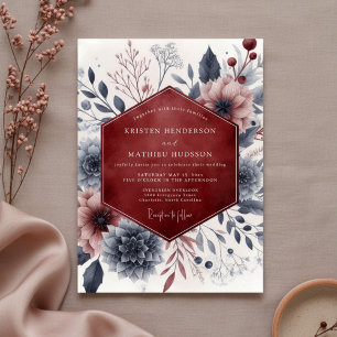 Invitation Mariage Romantique Crépusculaire Floral Bourgogne