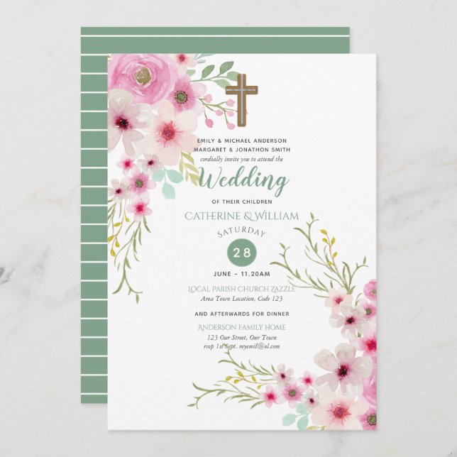 Invitation MARIAGE Romantique croisé invite le rose floral (Devant / Derrière)