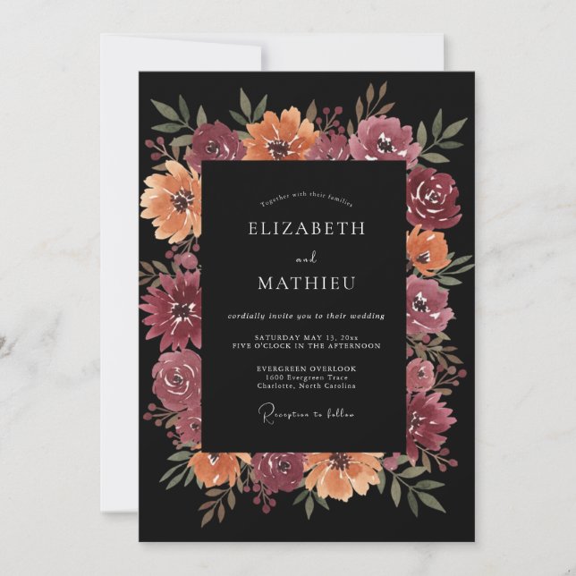 Invitation Mariage Romantique d'Automne aux Fleurs de Bourgog (Devant)