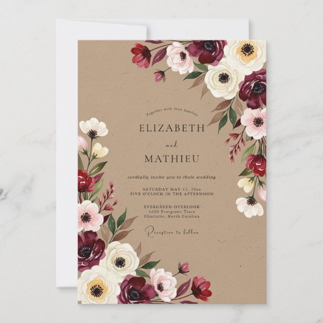Invitation Mariage Romantique d'Automne Floral Bourgogne (Devant)