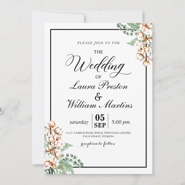 Invitation Mariage romantique de coton de Boho de verdure de (Devant)