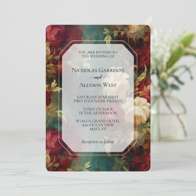 Invitation Mariage romantique de fleurs rouges blanches (Debout devant)