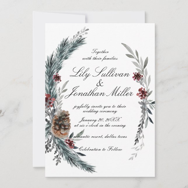 Invitation Mariage romantique de la vigne d'hiver Fir Floral  (Devant)