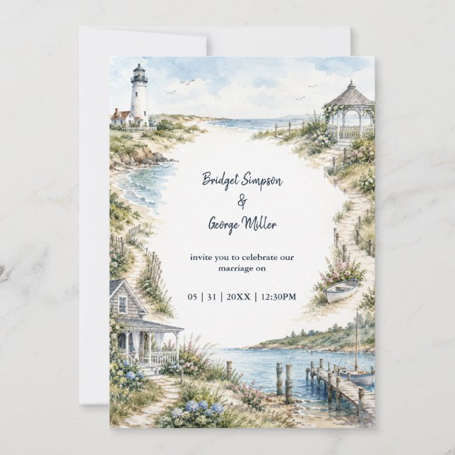 Invitation mariage romantique de Nouvelle-Angleterre au phare (Devant)