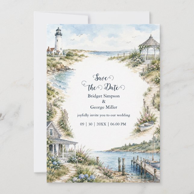 Invitation mariage romantique de Nouvelle-Angleterre phare cô (Devant)