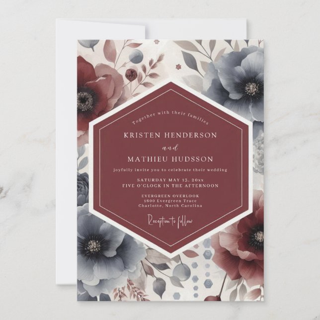 Invitation Mariage Romantique de Nuit Florale Bourguignonne (Devant)