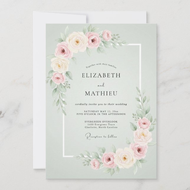 Invitation Mariage Romantique de Printemps au Vert Sauge (Devant)