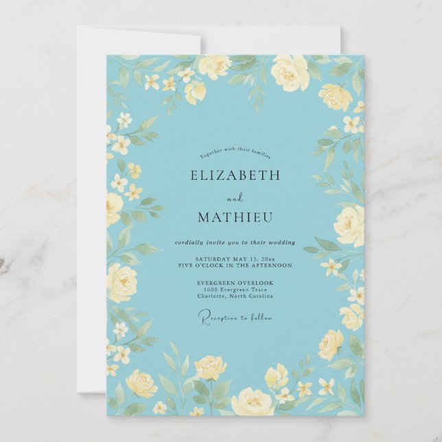 Invitation Mariage Romantique de Printemps aux Fleurs de Bleu (Devant)