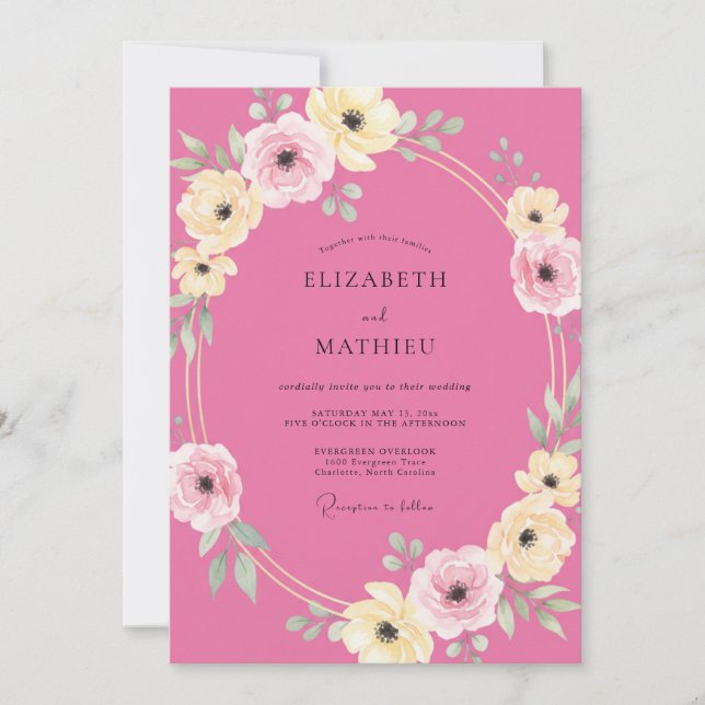 Invitation Mariage Romantique de Printemps aux Fleurs Fuchsia (Devant)