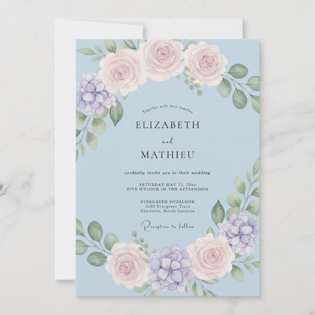 Invitation Mariage Romantique de Printemps Bleu Ciel (Devant)