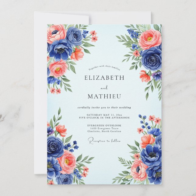 Invitation Mariage Romantique de Printemps Bleu Marine (Devant)