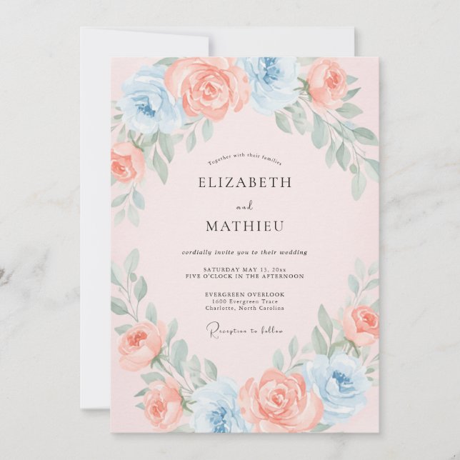 Invitation Mariage Romantique de Printemps Bleu Rosé (Devant)