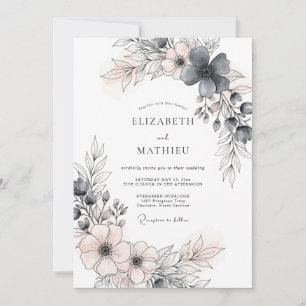 Invitation Mariage Romantique de Printemps Gris Charbon