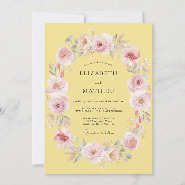 Invitation Mariage Romantique de Printemps Jaune Pâle (Devant)