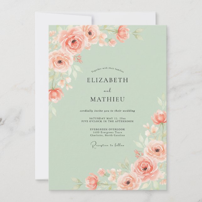 Invitation Mariage Romantique de Printemps Menthe et Pêche (Devant)