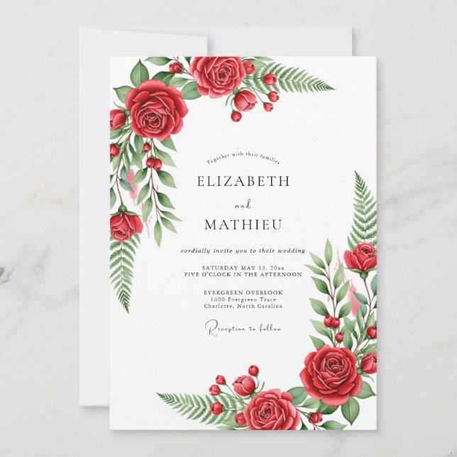 Invitation Mariage Romantique de Roses Botaniques Rouges (Devant)