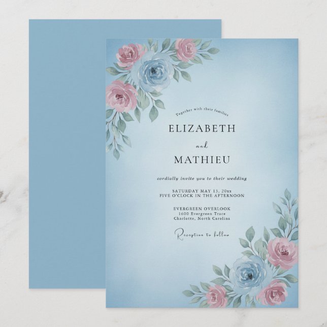 Invitation Mariage Romantique Délicat Bleu Ciel (Devant / Derrière)