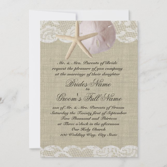 Invitation Mariage romantique dentelle et mer Shell Beach (Devant)
