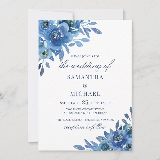 Invitation mariage romantique d'hiver floral bleu marine (Devant)