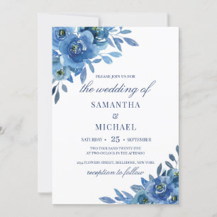 Invitation mariage romantique d'hiver floral bleu marine