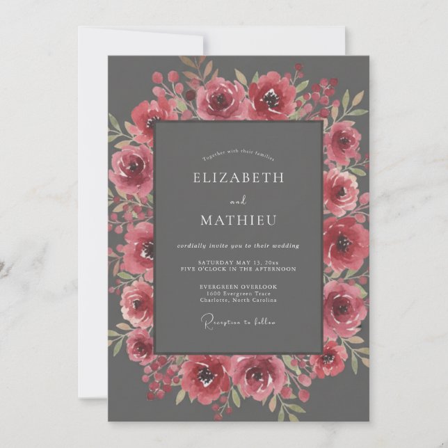 Invitation Mariage Romantique d'Hiver Rose Ardoise (Devant)