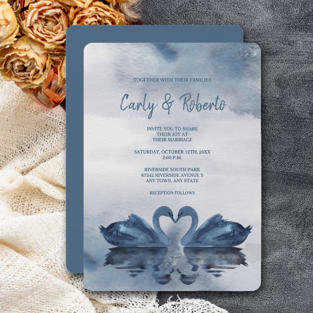 Invitation Mariage romantique double bleu cygne (Créateur téléchargé)
