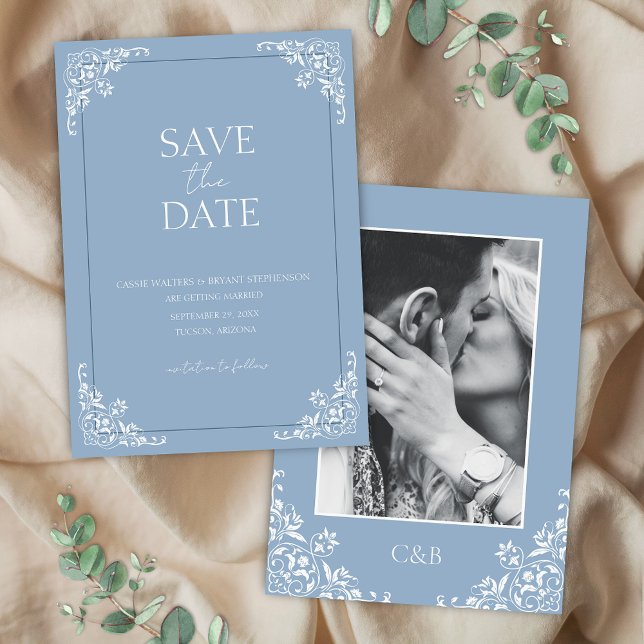 Invitation Mariage romantique Dusty Blue Vintage (Elegant dusty blue save the date cards for wedding events with simple blue and white theme)