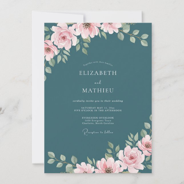 Invitation Mariage Romantique Élégant de Teinte Turquoise (Devant)