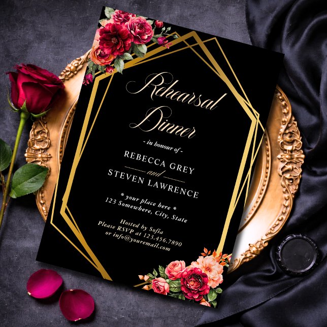 Invitation Mariage romantique élégant floral rouge noir d'hum (Créateur téléchargé)