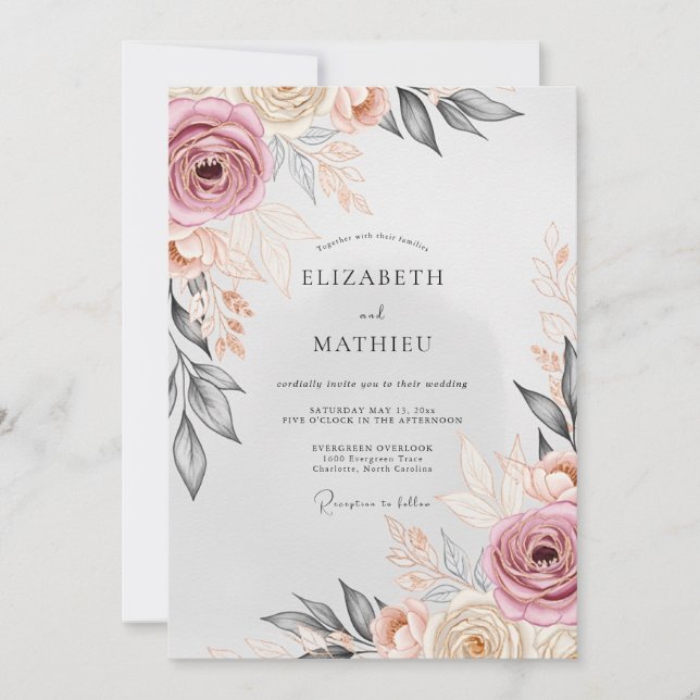 Invitation Mariage Romantique Élégant Rose Poussiéreuse (Devant)