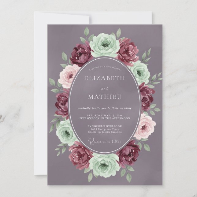 Invitation Mariage Romantique en Fleur de Menthe de Bourgogne (Devant)