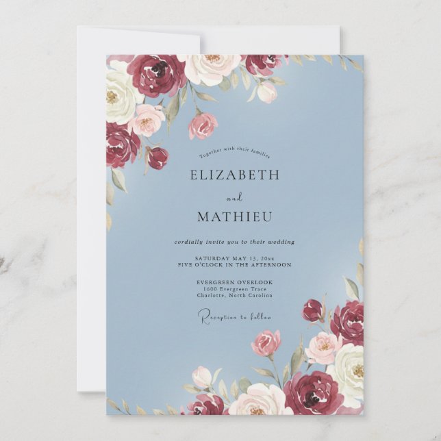 Invitation Mariage Romantique Enchanté de Fleurs de Bourgogne (Devant)