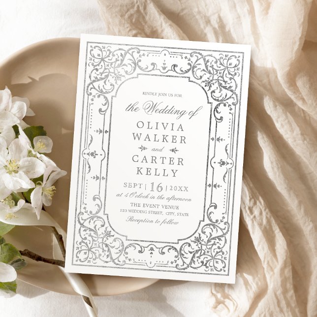 Invitation Mariage romantique et élégant en argent (Silver elegant ornate romantic vintage wedding invitation)