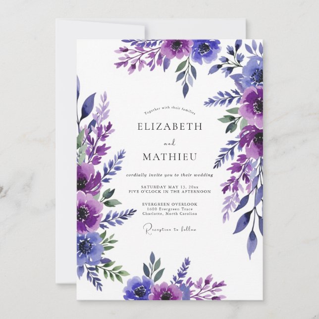 Invitation Mariage Romantique et Impressionniste Violet (Devant)