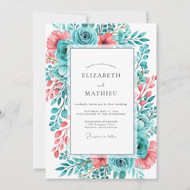 Invitation Mariage Romantique et Peintre de Corail Sarcelle (Devant)