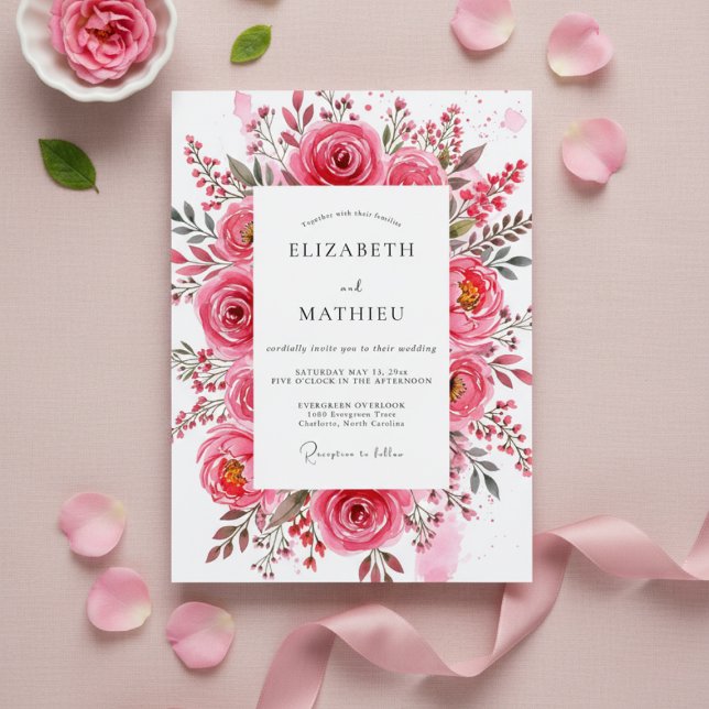 Invitation Mariage Romantique et Peintre de Roses Roses (Créateur téléchargé)