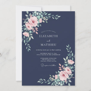 Invitation Mariage Romantique et Sophistiqué Bleu Nuit