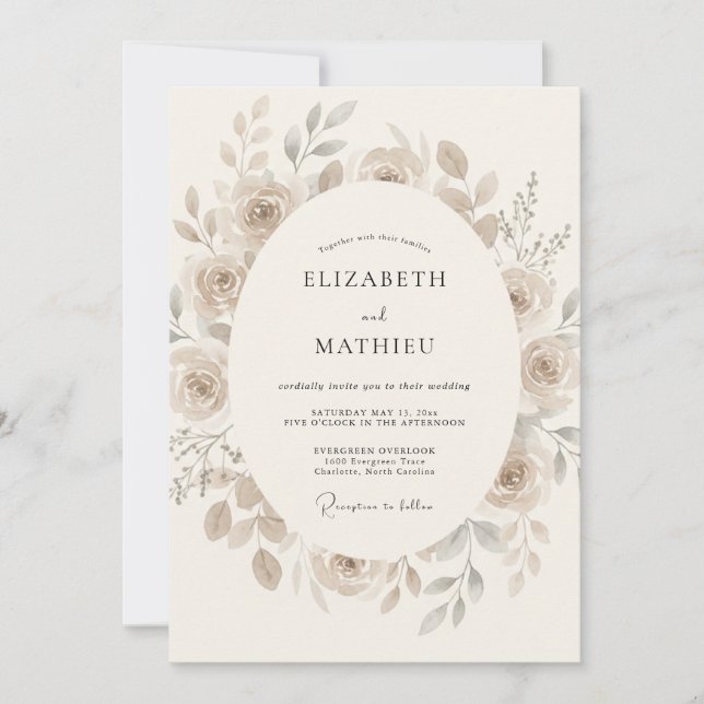 Invitation Mariage Romantique Éthéré Beige (Devant)