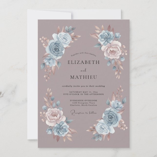 Invitation Mariage Romantique Éthéré Bleu Poussiéreux (Devant)