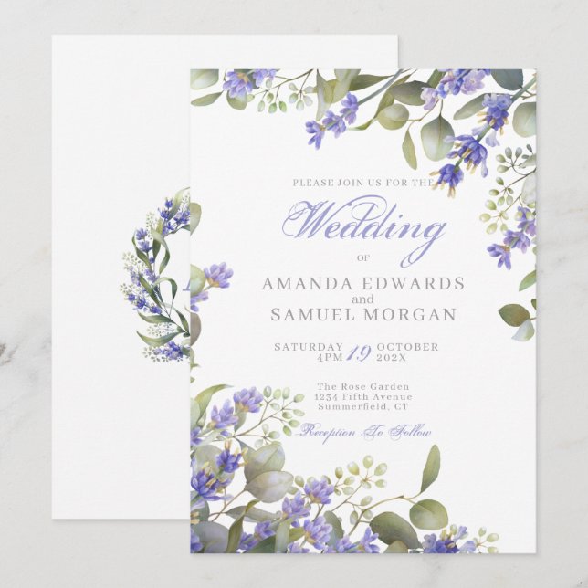 Invitation Mariage Romantique Eucalyptus & Lavande (Devant / Derrière)