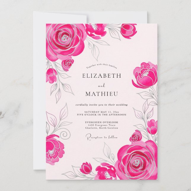 Invitation Mariage Romantique Exquis Rose Chaud (Devant)