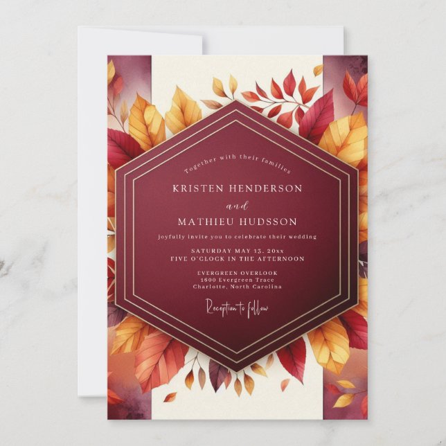 Invitation Mariage Romantique Feuille de Bourgogne (Devant)