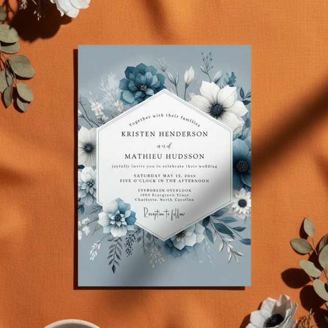 Invitation Mariage Romantique Fleur Bleu Ardoise (Créateur téléchargé)