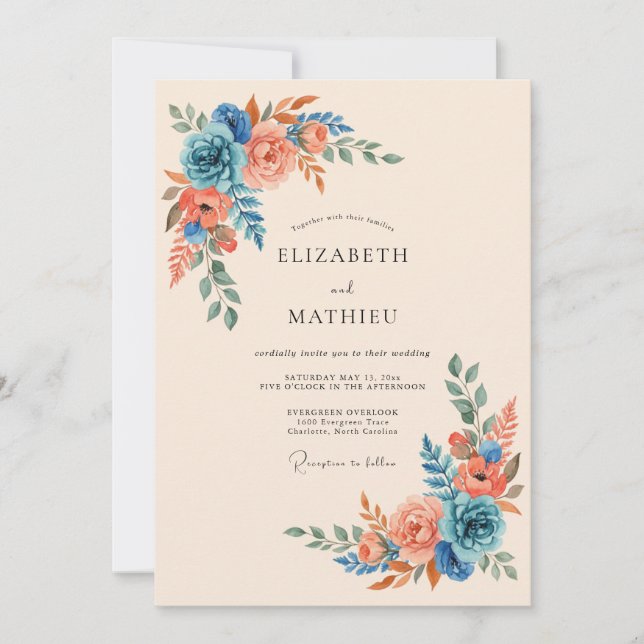 Invitation Mariage Romantique Fleur Bleu Corail (Devant)