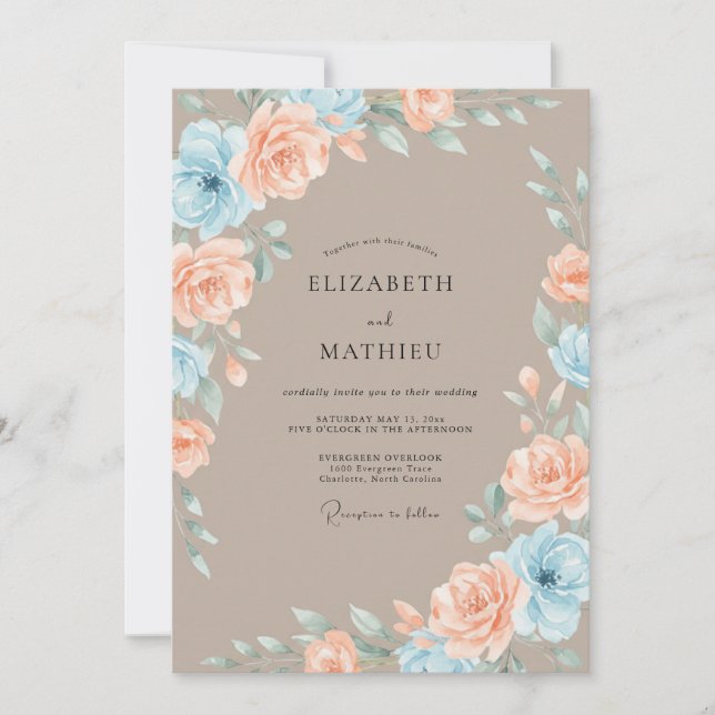 Invitation Mariage Romantique Fleur Bleu Pêche (Devant)