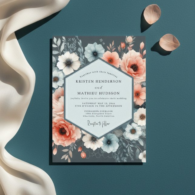 Invitation Mariage Romantique Fleur Bleu Poussiéreux (Créateur téléchargé)