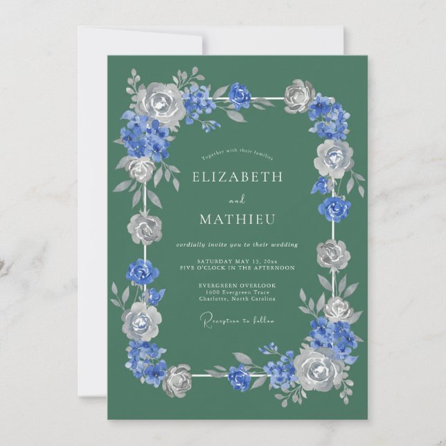 Invitation Mariage Romantique Fleur Bleue Argent (Devant)