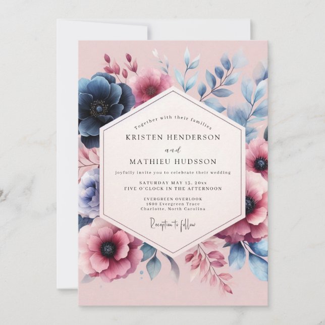 Invitation Mariage Romantique Fleur Bleue Poussiéreuse (Devant)